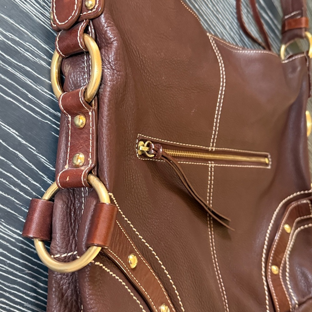LUCE Chocolate Brown Hobo Slouch Genuine Leather Purse Gold Hardware - Picture 3 of 15